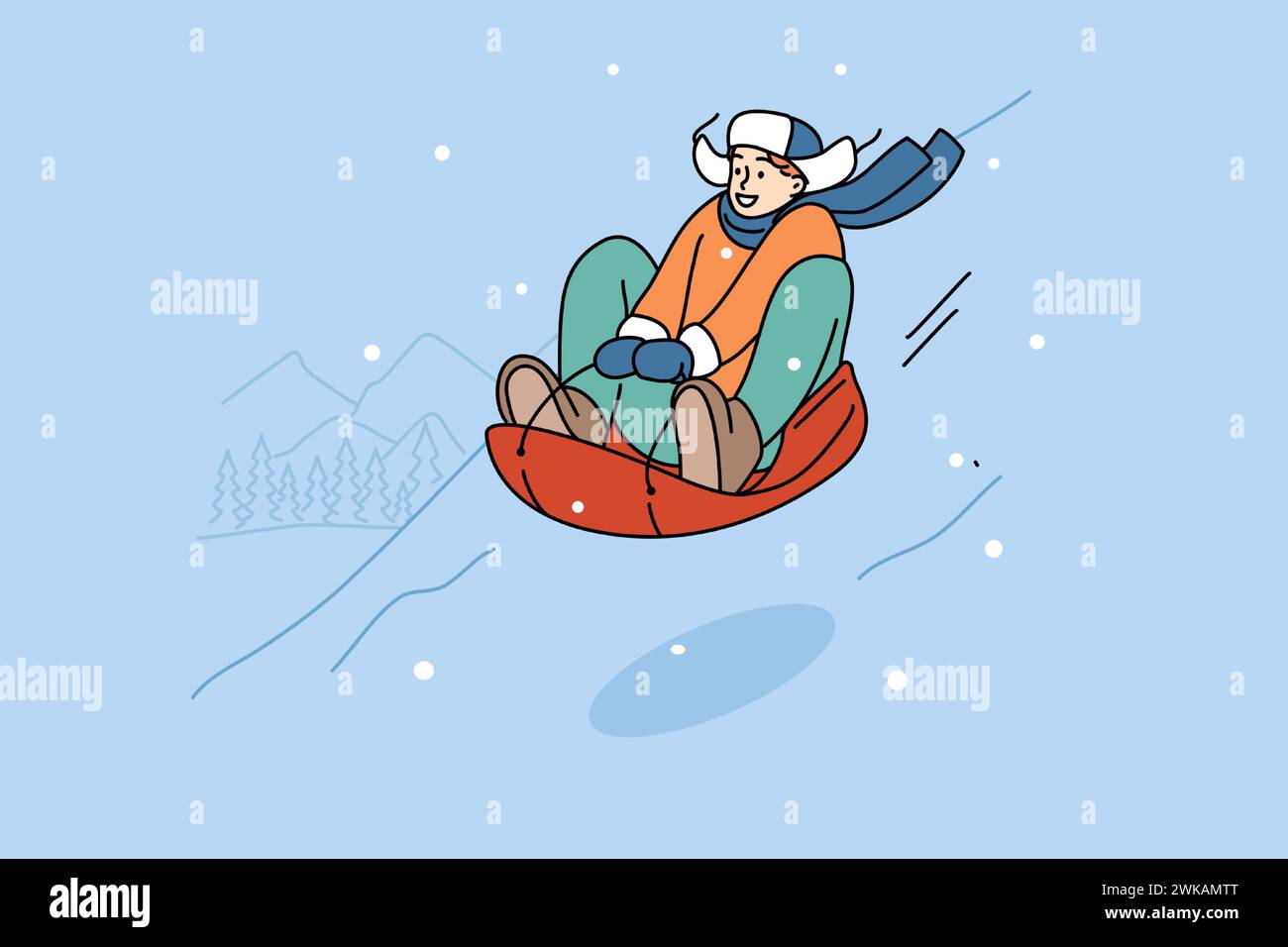 Der Teenager entspannt sich im Winterskigebiet und rutscht auf einem aufblasbaren Schlitten den schneebedeckten Hügel hinunter. Glücklicher junger Mann führt im Winter, im Urlaub oder in den Ferien einen aktiven Lebensstil Stock Vektor