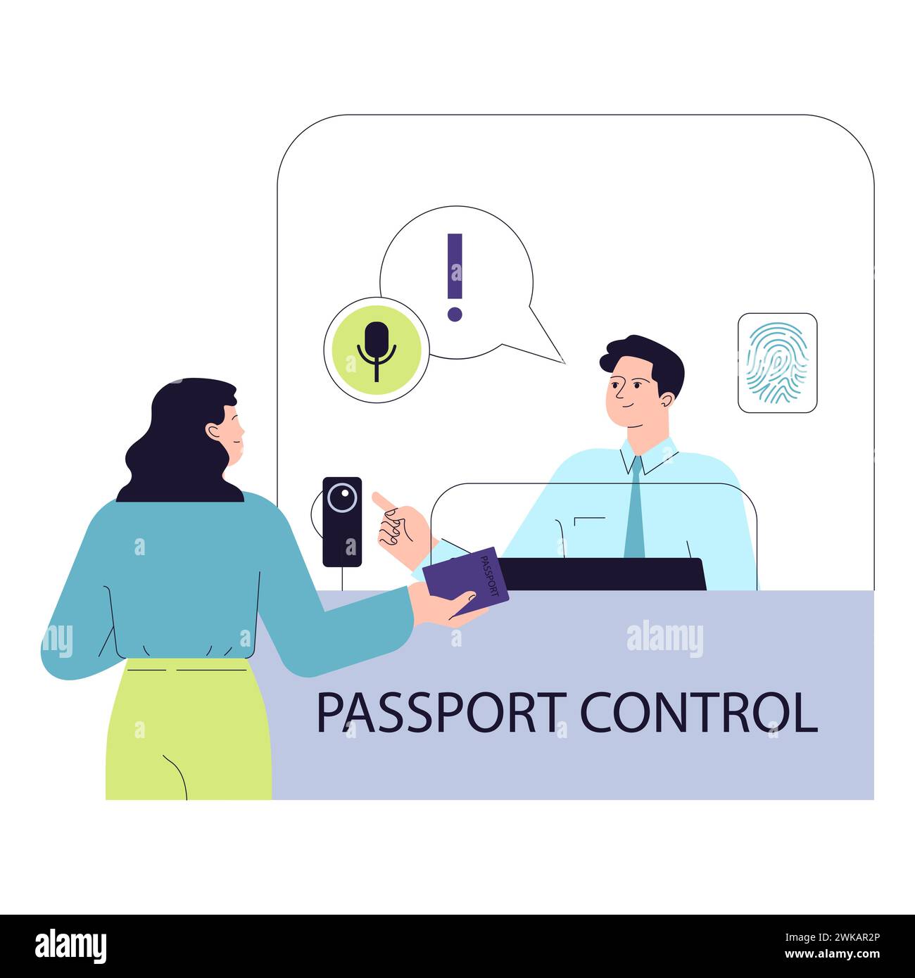 Passkontrolle am Flughafen. Ein Reisender stellt dem Sicherheitspersonal Dokumente mit biometrischer Überprüfung zur Verfügung. Sicherer Check-in-Prozess. Flugeingangsverfahren. Illustration des flachen Vektors. Stock Vektor