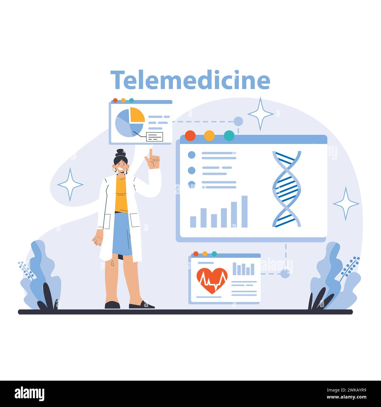 Telemedicine Services Konzept. Medizinische Fachkräfte bieten virtuelle Konsultationen an. Zugang zu medizinischen Daten und Analysen online. Illustration des flachen Vektors. Stock Vektor