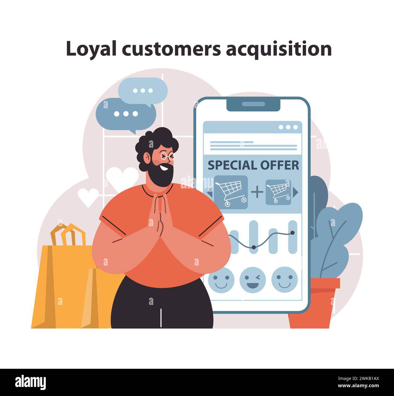 Ein freudiger Unternehmer feiert die Kundenloyalität und nutzt Sonderangebote auf einem Smartphone-Bildschirm, um native Werbung zu fördern und Folgegeschäfte zu fördern. Stock Vektor