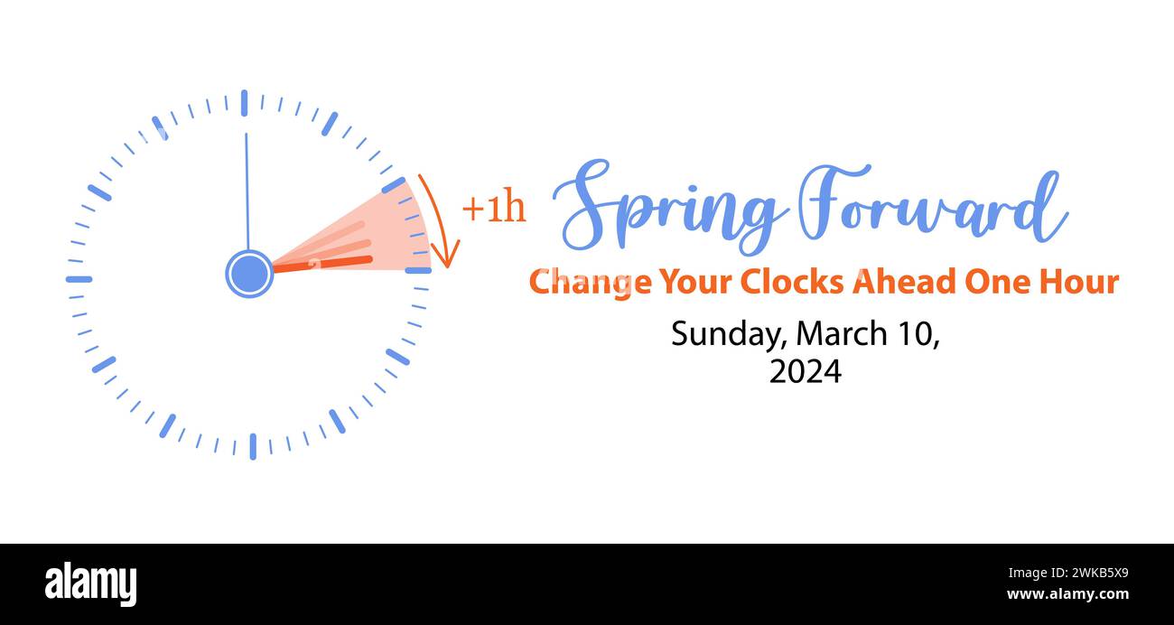 Banner „Spring Forward 2024“. Der Wecker ist um eine Stunde vorgestellt und der Kalender mit dem Datum vom 10. März. Sommerzeit-Konzept mit Erinnerungstext Ändern Y Stockfoto