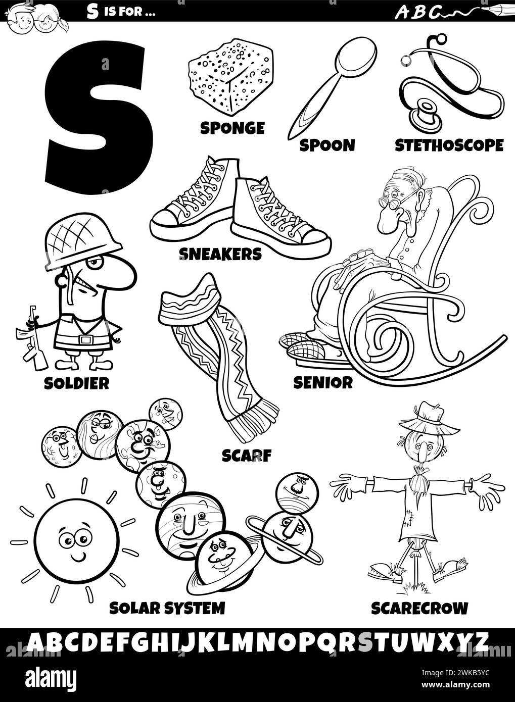 Zeichentrickdarstellung von Objekten und Zeichen, die für die Ausmalseite „Buchstabe S“ festgelegt wurden Stock Vektor
