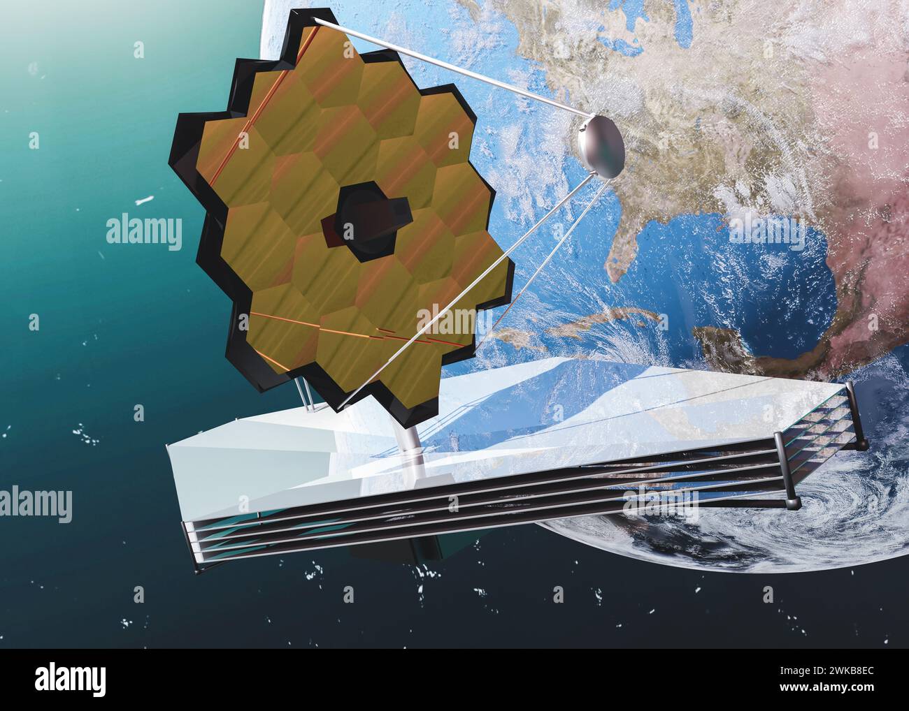 James Webb Teleskop im Weltraum nahe dem blauen Planeten Erde. James Webb Teleskop im Weltraum nahe dem blauen Planeten Erde. Elemente dieses 3D-Rendering i Stockfoto