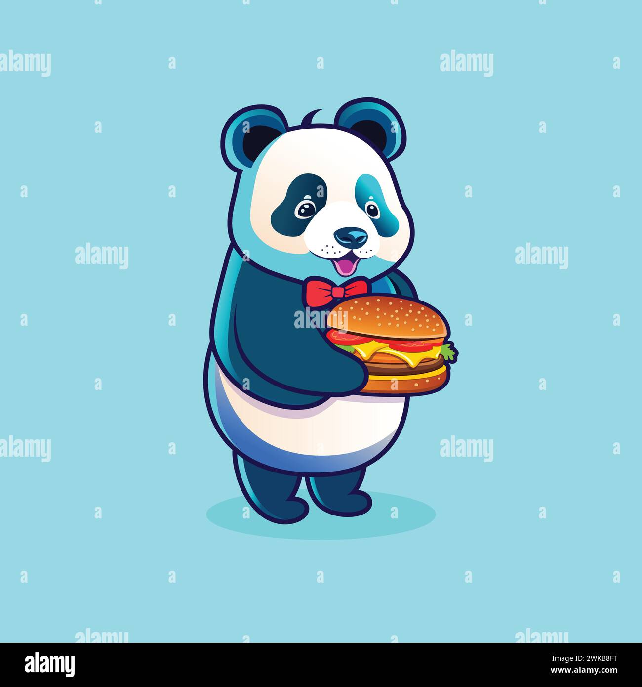 Niedliche Panda-Zeichentrickfigur mit einem Burger auf der Hand. Panda Maskottchen Cartoon Charakter. Flache Panda-ClipArt für Web-Landing-Page, Banner, Stock Vektor