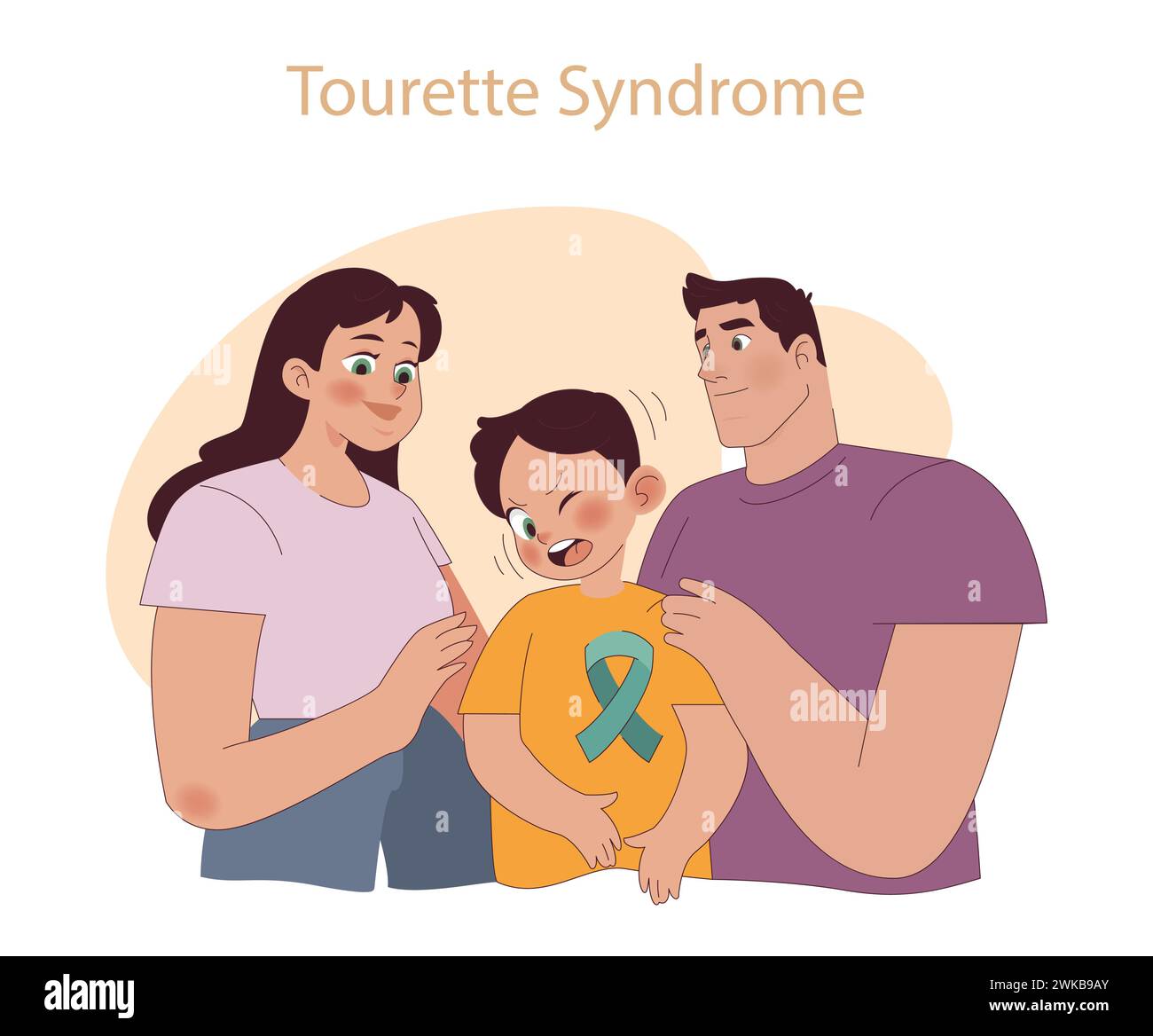 Das Tourette-Syndrom-Konzept. Familiäres tröstendes Kind mit Tic-Störung. Einheit, Unterstützung und Neurodiversität. Stock Vektor