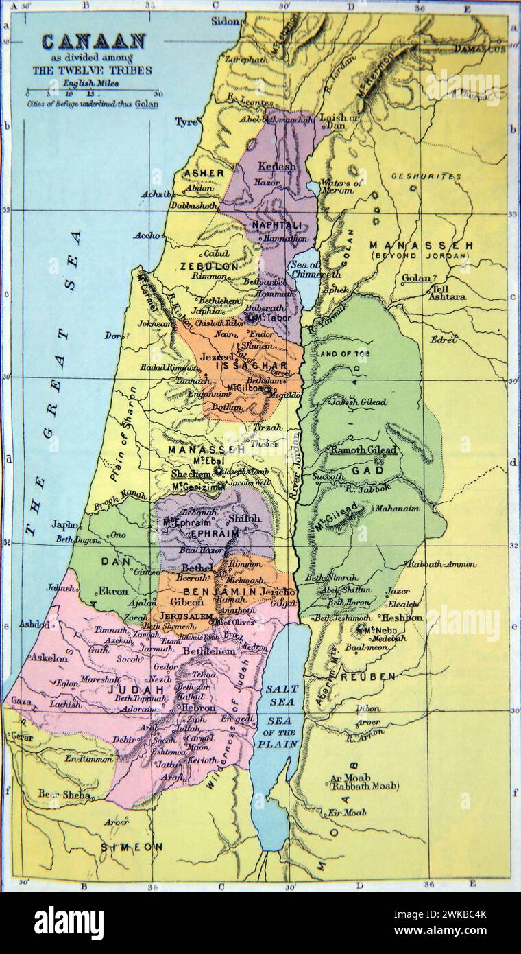 Alte Karte von Kanaan, aufgeteilt unter den zwölf Stämmen in der Heiligen Bibel Stockfoto