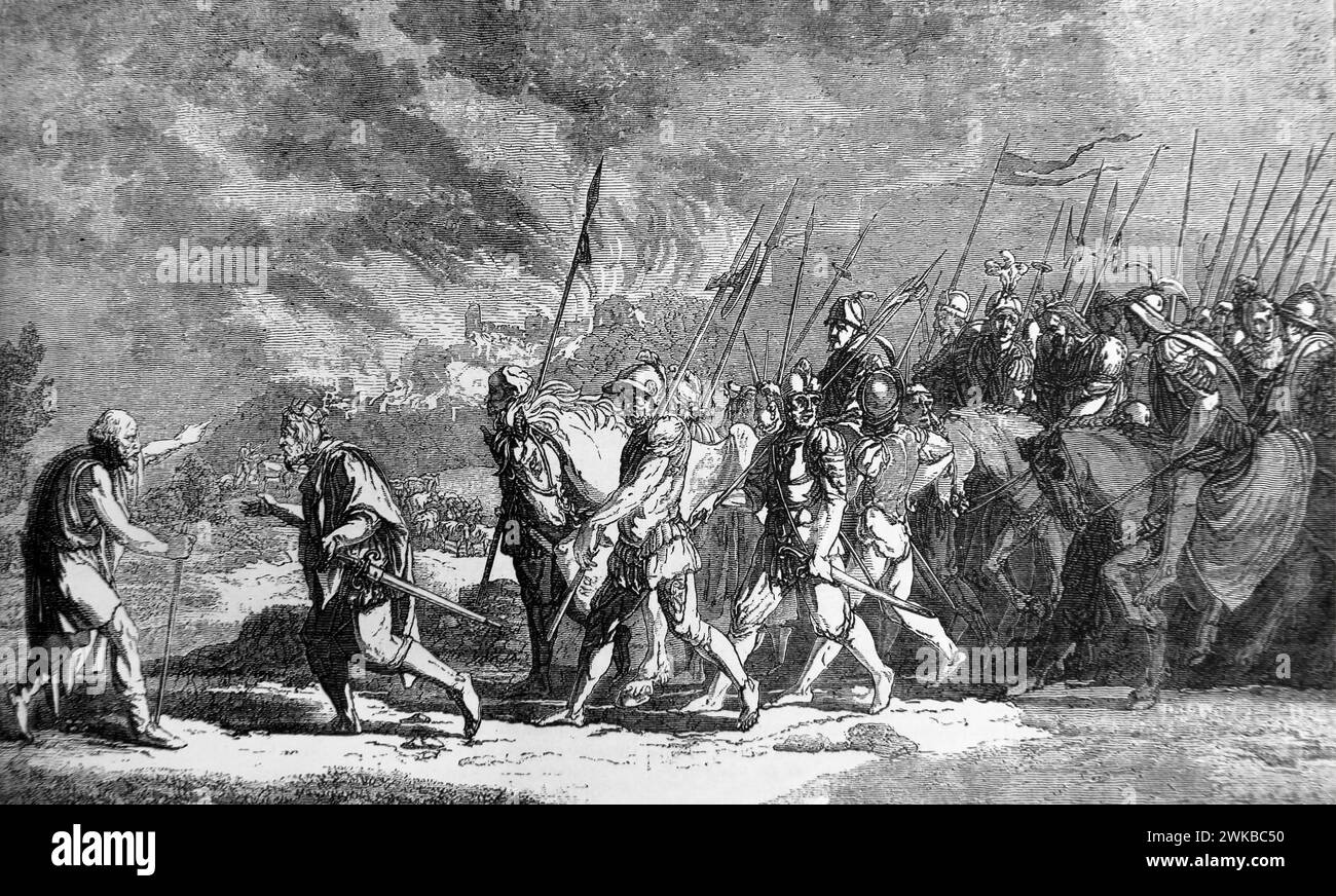 Illustration von Samuel, der König Saul wegen des nicht vollständigen Gehorsams des Herrn verurteilte, nachdem Saul die meisten Amalekiter und einige von ihnen zerstört hatte Stockfoto