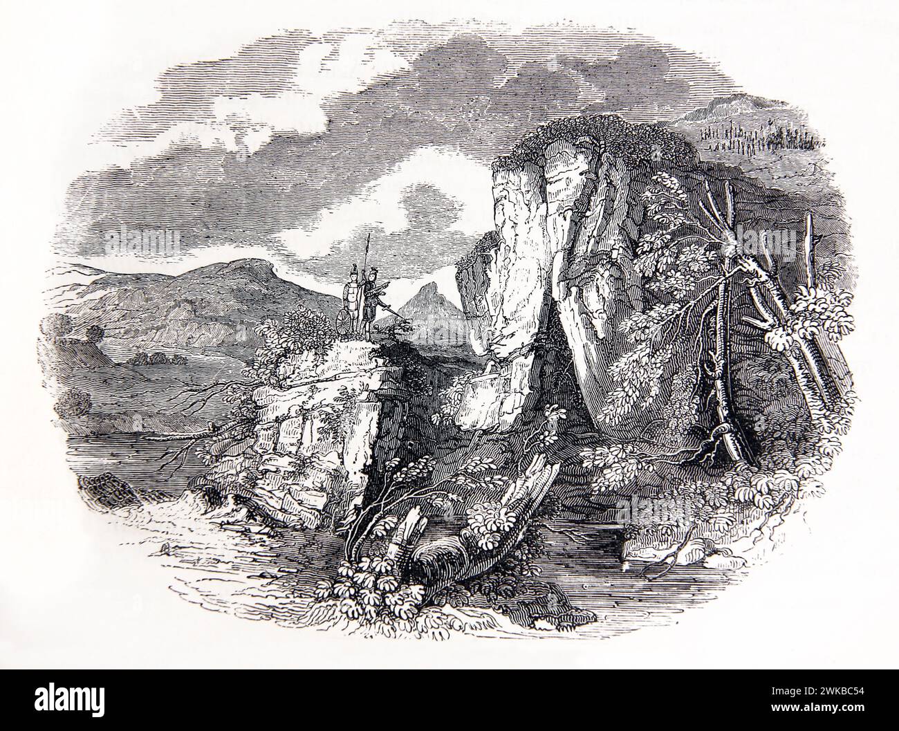 Illustration von Jonathan und seinem Armour-Träger kletterten die Klippe hinauf und töteten die Philister bei einem geheimen Angriff der Antique Illustrated Family Bibl Stockfoto