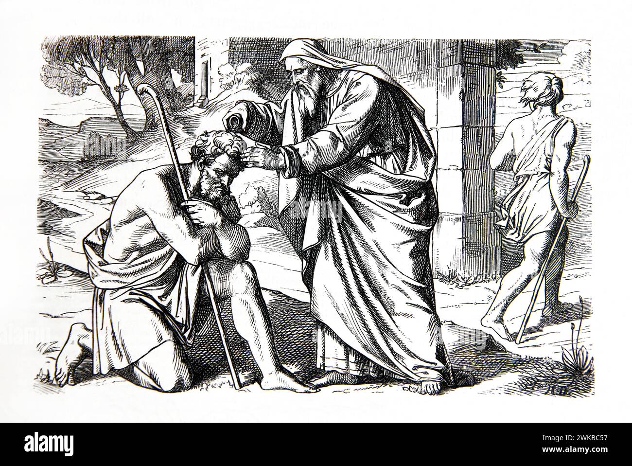 Samuel salbt den zukünftigen König Saul mit einem Ölkolben aus der antiken, illustrierten Familienbibel des 19. Jahrhunderts Stockfoto