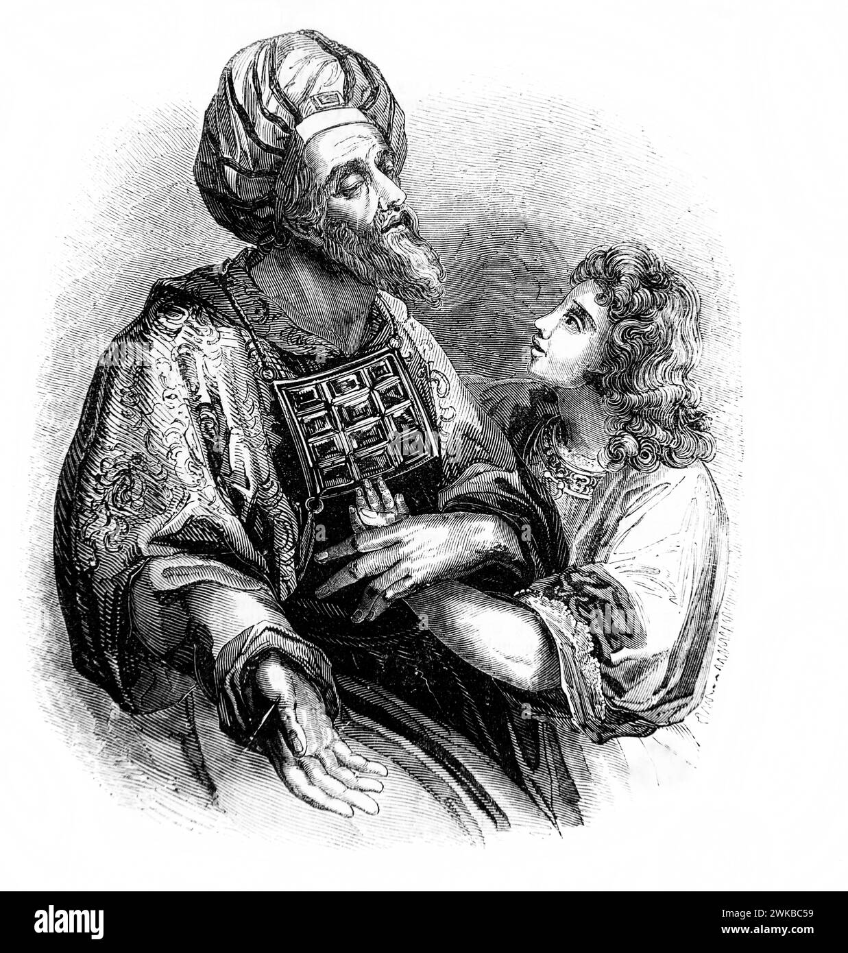 Illustration des jungen Samuel mit dem Hohepriester Eli am Tabernakel aus der antiken Familienbibel des 19. Jahrhunderts Stockfoto