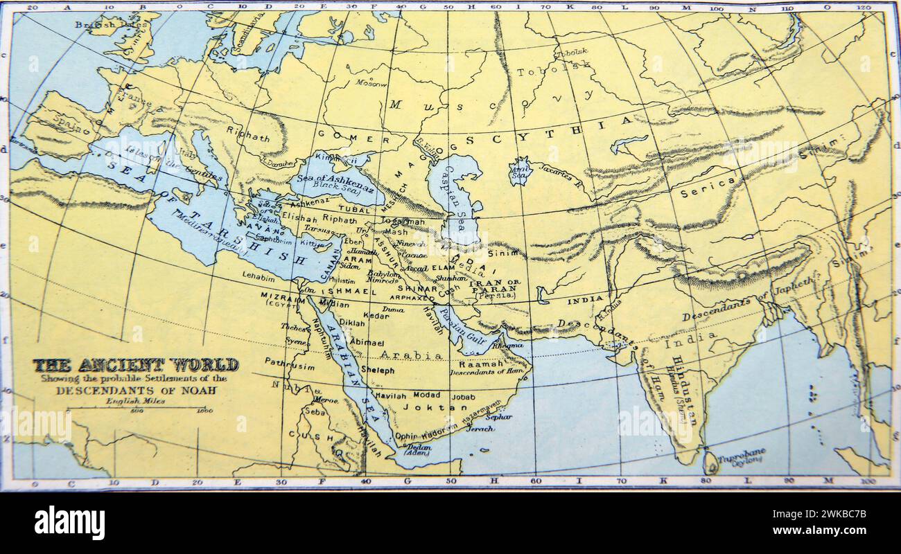 Historische Alte Karte mit der antiken Welt und den wahrscheinlichen Siedlungen der Nachkommen von Noah in der Heiligen Bibel Stockfoto