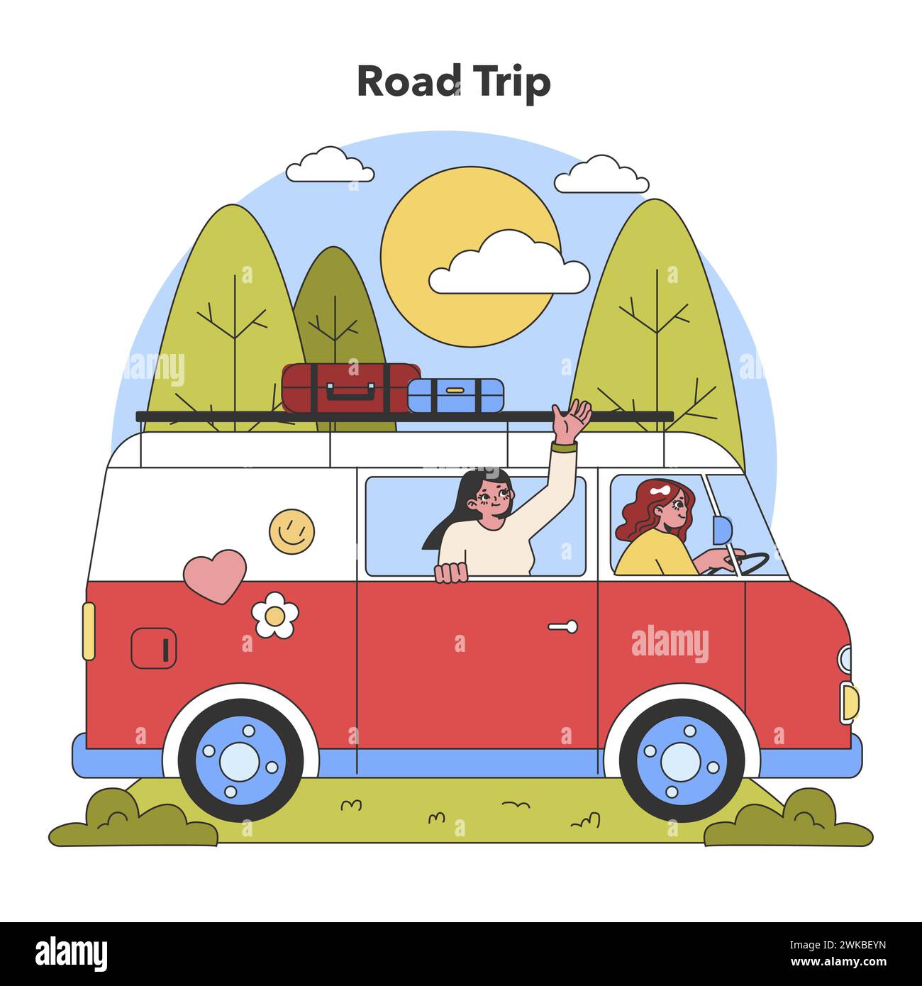 Sonniges Roadtrip-Abenteuer. Freunde begeben sich auf eine fröhliche Reise in einem Vintage-Van und erkunden die Landschaft unter einer hellen Sonne. Der Geist der Sommerreise. Illustration des flachen Vektors. Stock Vektor