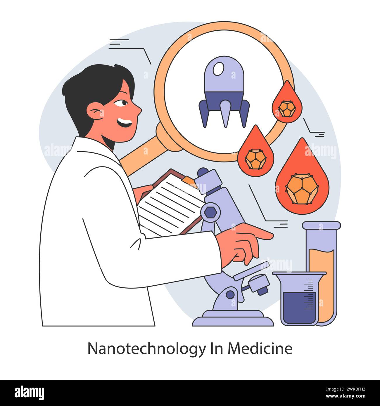 Medical Frontiers Konzept. Nanotechnologie in der Medizin ermöglicht gezielte Arzneimittelabgabe und innovative Diagnostik. Illustration des flachen Vektors. Stock Vektor
