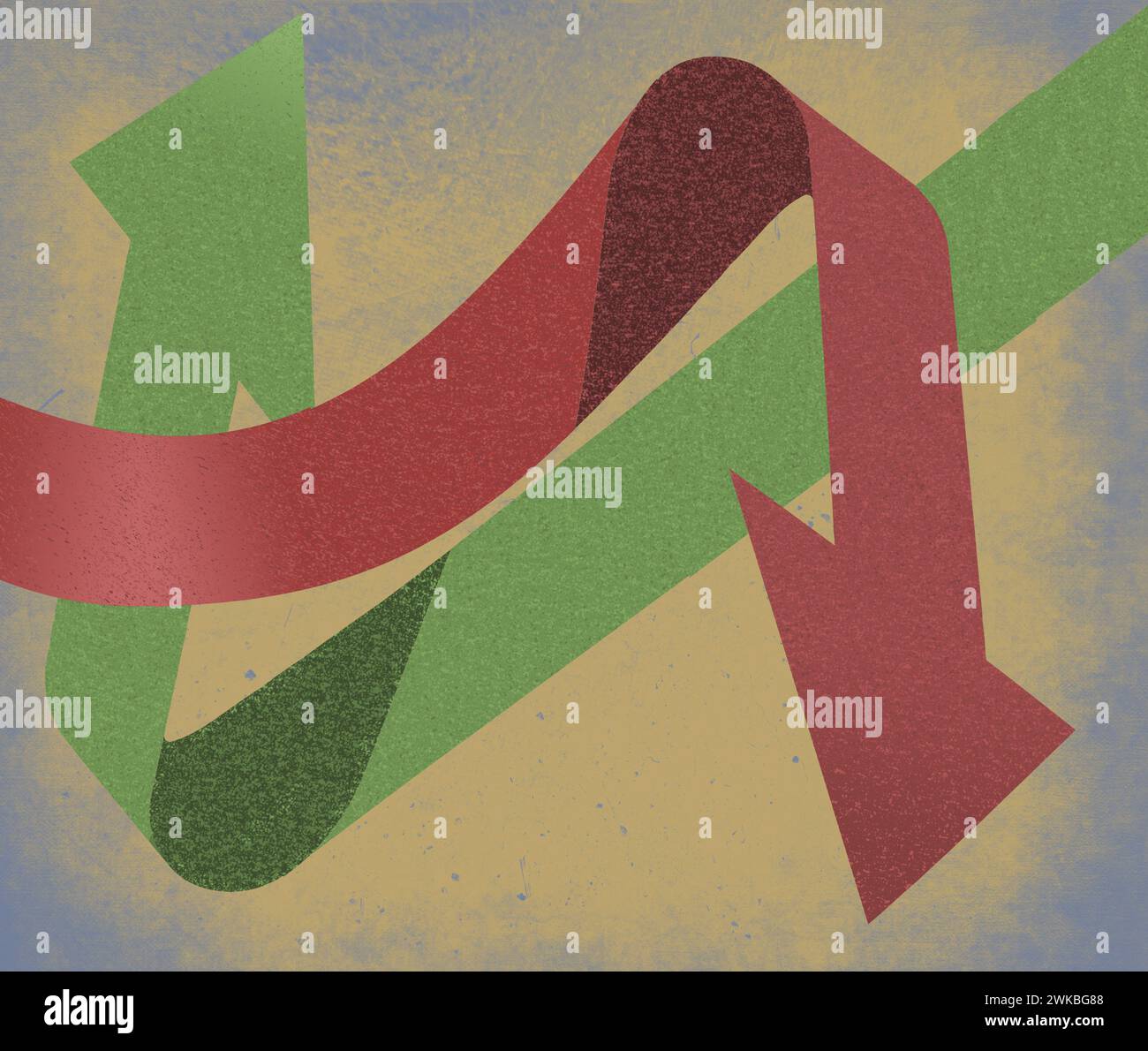 Börsenpfeile, von denen einer nach oben und einer nach unten zeigt, sind in einer dreidimensionalen Illustration über die Geldmärkte der Wall Street und die zu sehen Stockfoto