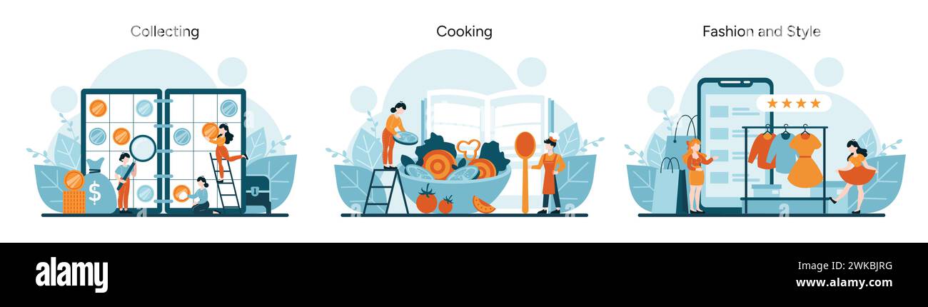 Hobbys und Unterhaltung. Münzsammler untersuchen Wertsachen, Köche gehen fröhlich kochen, Modeliebhaber bewerten Stile. Ein visuelles Trio beliebter Freizeitbeschäftigungen. Vektorabbildung Stock Vektor
