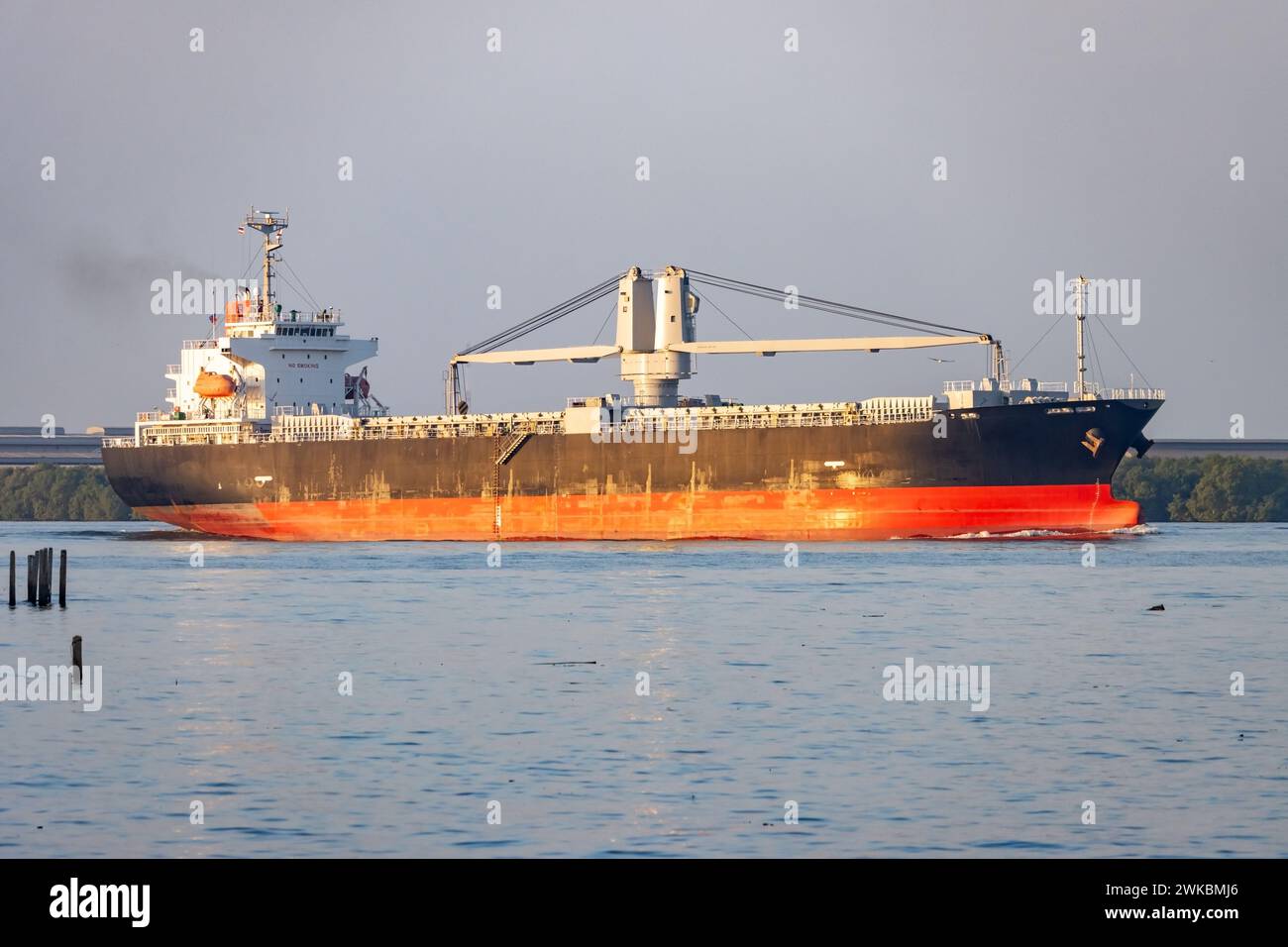 Frachtschiff segelt vom Chao Phraya River zu einem offenen Meer, Thailand Stockfoto