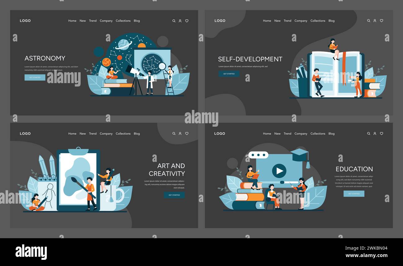 Bildungs- und künstlerisches Set. Das Universum mit Astronomie erkunden. Der Weg der Selbstentwicklung durch Bücher. Nutzung von Kunst und Kreativität. Das Wesen der strukturierten Bildung. Flacher Vektor Stock Vektor