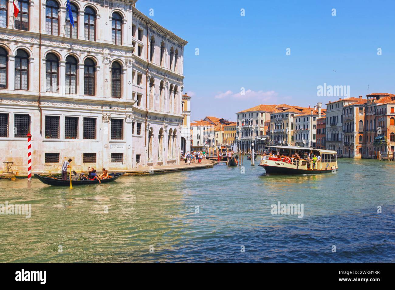 Gondeln und Wasserbus auf dem Canal Grande in Venedig, Italien. Stockfoto