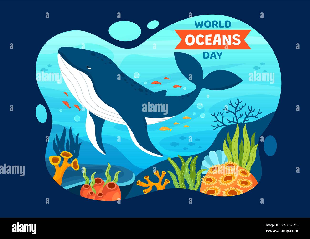 World Oceans Day Vektor Illustration zum Schutz und Erhalt von Ozean, Fisch, Ökosystem oder Meerespflanzen im flachen Cartoon Hintergrund Design Stock Vektor