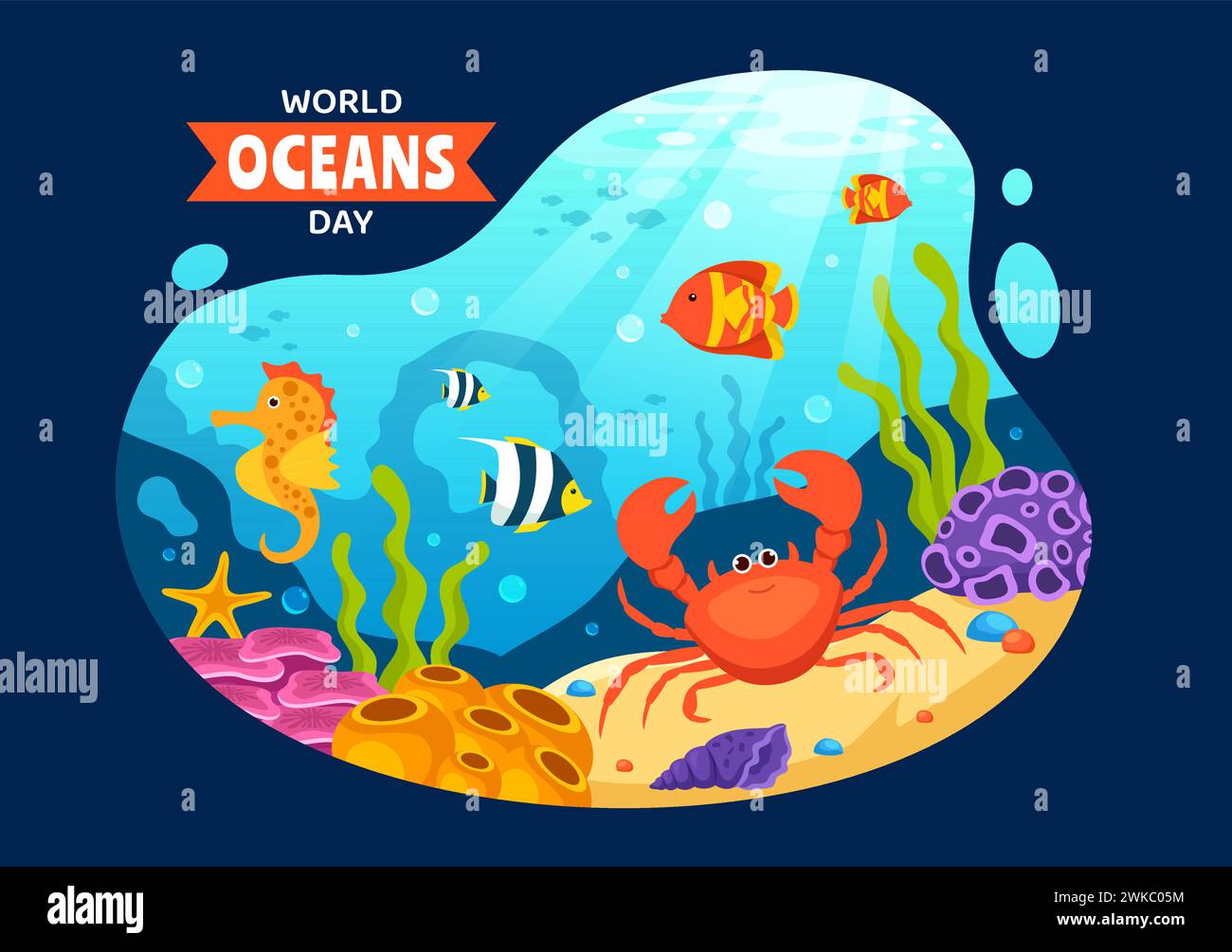 World Oceans Day Vektor Illustration zum Schutz und Erhalt von Ozean, Fisch, Ökosystem oder Meerespflanzen im flachen Cartoon Hintergrund Design Stock Vektor