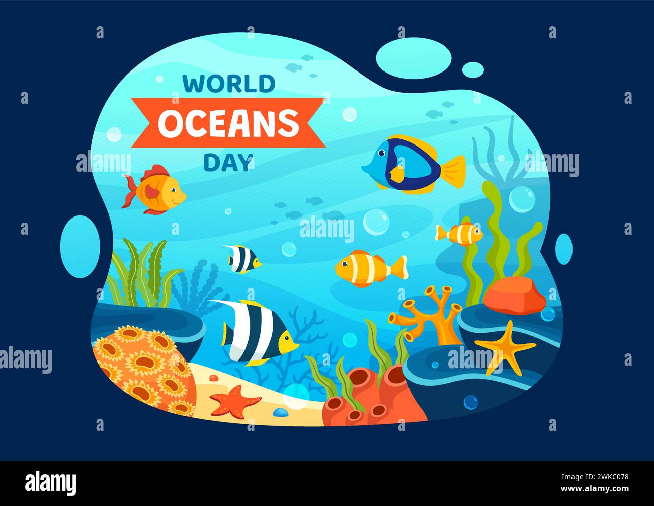 World Oceans Day Vektor Illustration zum Schutz und Erhalt von Ozean, Fisch, Ökosystem oder Meerespflanzen im flachen Cartoon Hintergrund Design Stock Vektor