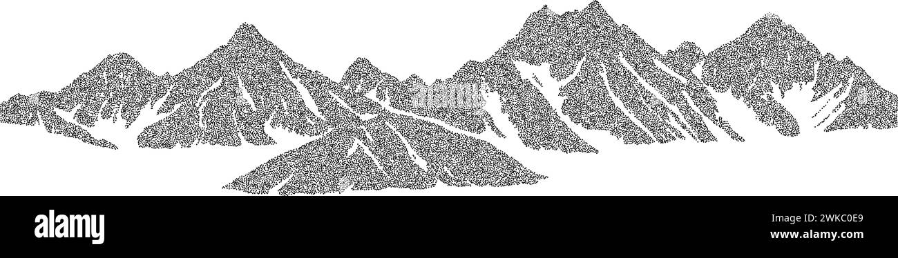 Illustration der gestochenen Grunge-Bergkette. Gepunktete Silhouette des Geländes. Schwarz-weiße, körnige Bergkette. Kornrauschen-Halterung übertrifft den Hintergrund. Tapete mit Ridge-Struktur. Vektor der Punktdarstellung Stock Vektor