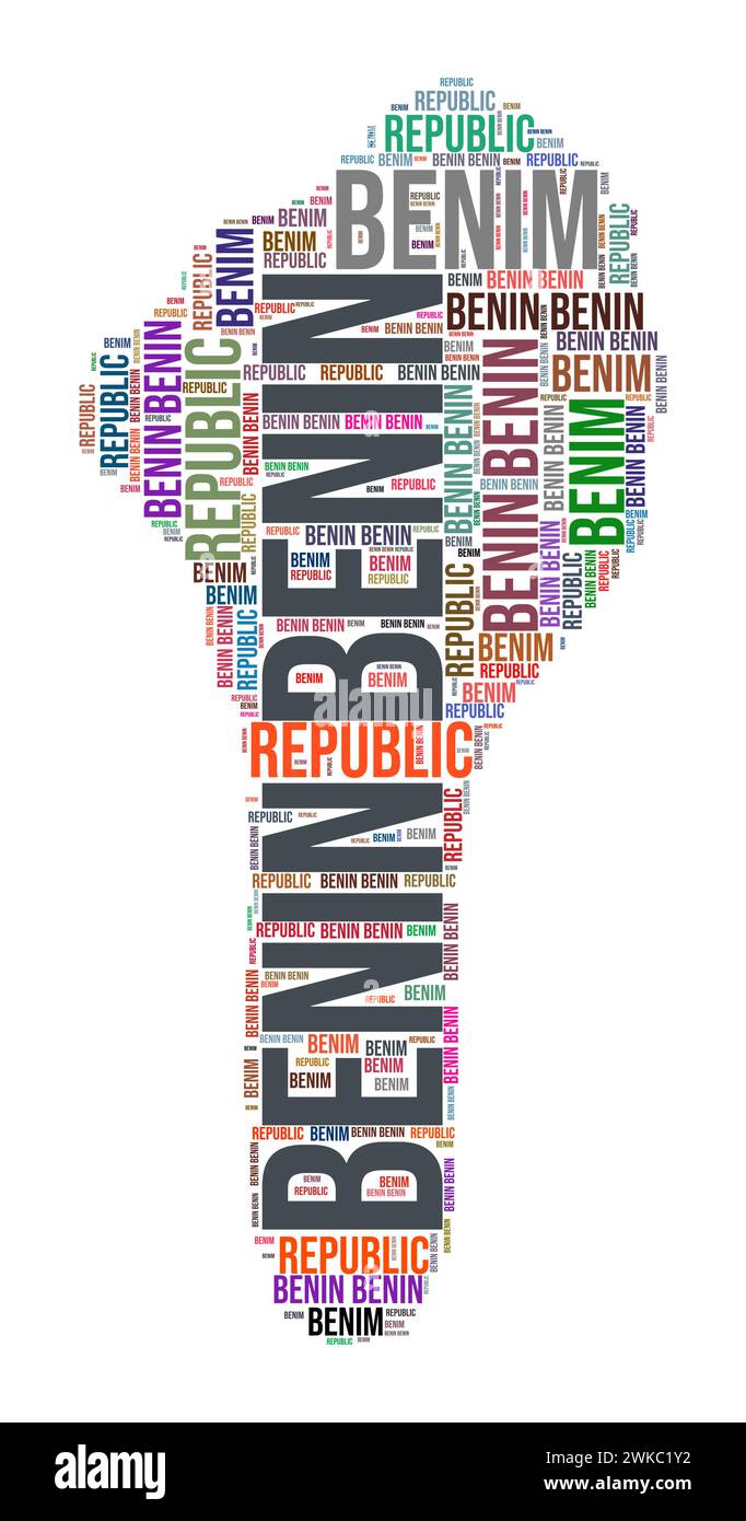 Benin Country Form Wortwolke. Typografie-Stil Länderdarstellung. Benin-Bild im Wolkenstil. Vektorabbildung. Stock Vektor