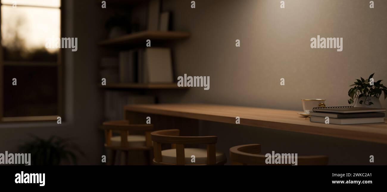 Nahaufnahme eines Holztisches mit Hockern an der Wand in einem minimalistischen gemütlichen Raum am Abend bei schwachem Licht. 3D-Rendering, 3D-Abbildung Stockfoto