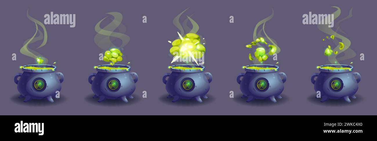 Magischer Hexenkessel halloween-Spielanimation. Illustrationskit für die Sequenz der Verdampfung von Rauch mit grüner Dampfwolke. Kochtrank mit Bubble Explosion spr Stock Vektor