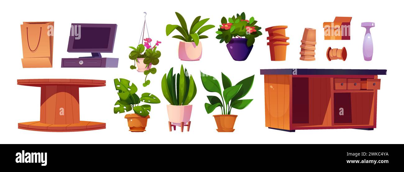 Blumenladen Innenmöbel, Ausrüstung und Pflanzen Set. Grüne Vegetation im Topf, leere Körbe, Holzständer und Arbeitstisch, Kassierer W Stock Vektor