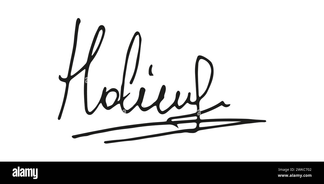 Gefälschte Signatur, handgezeichnetes Muster, eigenes Autogramm. Fiktive handschriftliche Unterschrift. Schwarze Tinte. Scribble für Musterverträge Dokumente Zertifikate oder Briefe. Vektorabbildung. Stock Vektor