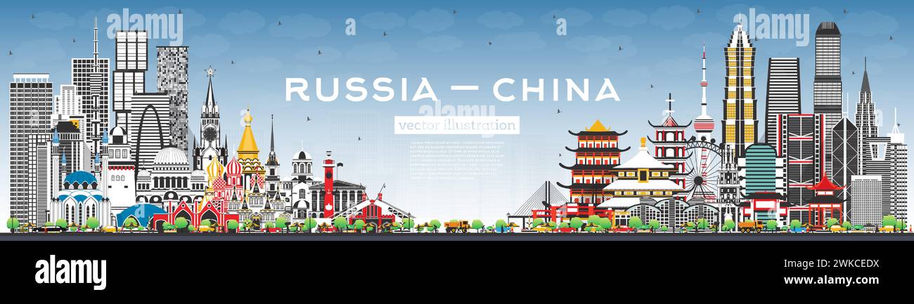 Skyline von Russland und China mit grauen Gebäuden und blauem Himmel. Berühmte Wahrzeichen. Vektorabbildung. China und Russland Konzept. Stock Vektor