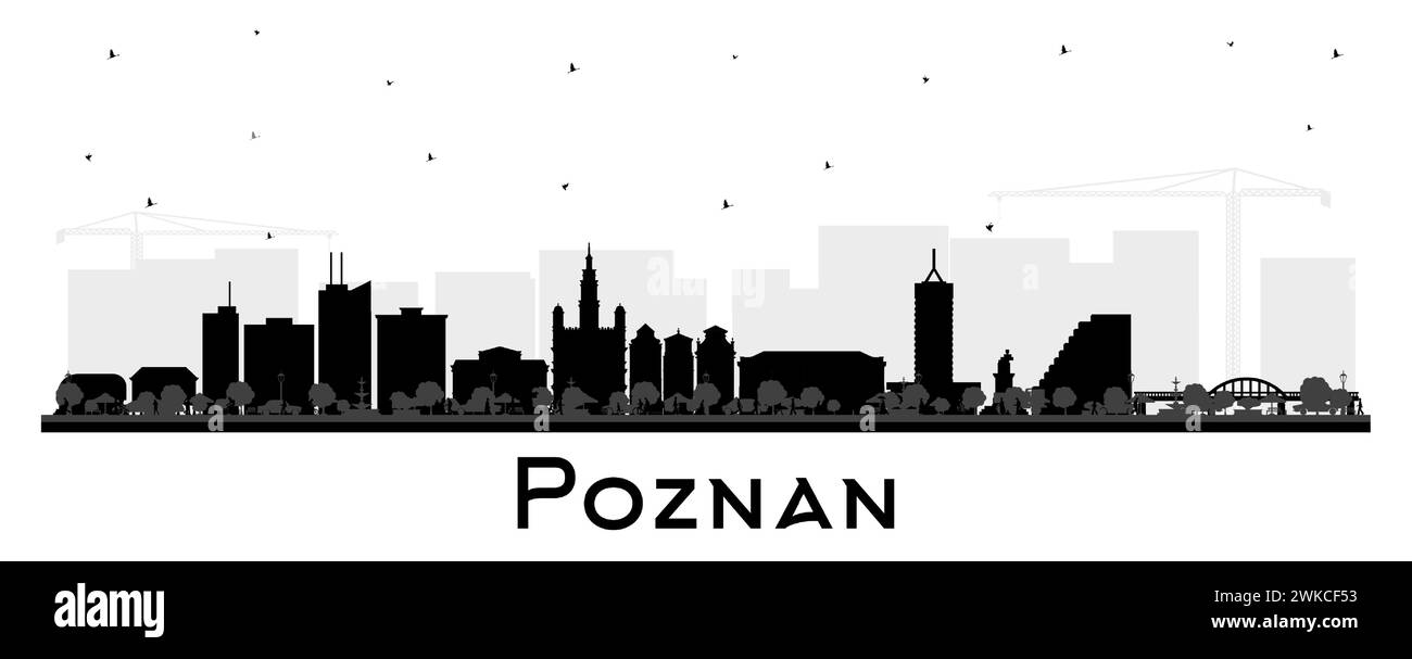 Skyline-Silhouette von Poznan Polen mit schwarzen Gebäuden isoliert auf weiß. Vektorabbildung. Posen Stadtlandschaft mit Wahrzeichen. Stock Vektor