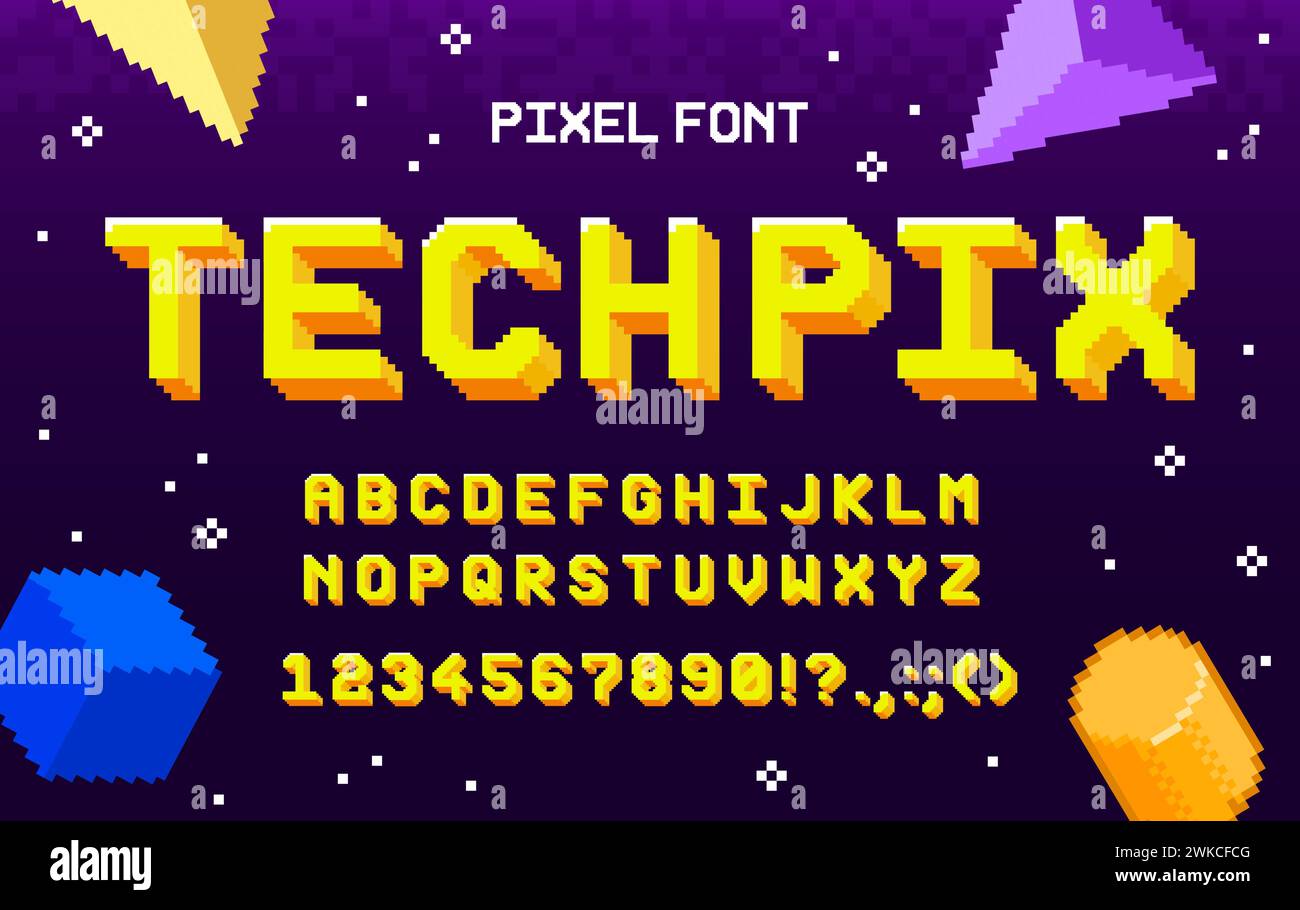 8-Bit-Arcade-Spielschriftart, geometrischer Typ und Retro-Tech-Schriftart, englisches Vektor-Alphabet. 8-Bit-Pixel-Art-Schriftart, Buchstaben und Zahlen, Computer-Video-Arcade-Spieltypografie oder Retro-Techno-ABC Stock Vektor