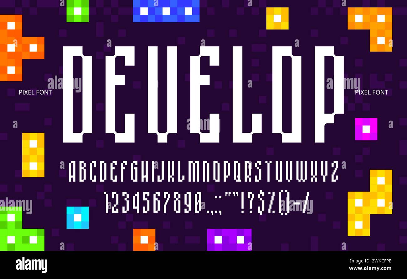 Digitale Pixelschrift, moderne Schrift oder geometrisches 8-Bit-Alphabet, Vektorbuchstaben mit Binärbuchstaben. Arcade-Videospiel-Pixel-Schriftart oder Retro-Tech-Schriftart mit englischem Alphabet in 8-Bit-Pixel-Art-Typografie ABC Stock Vektor