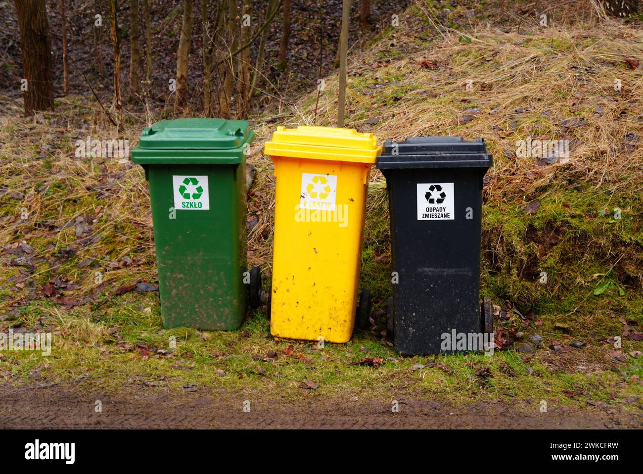 Drei Mülltonnen auf einem Parkberg Stockfoto
