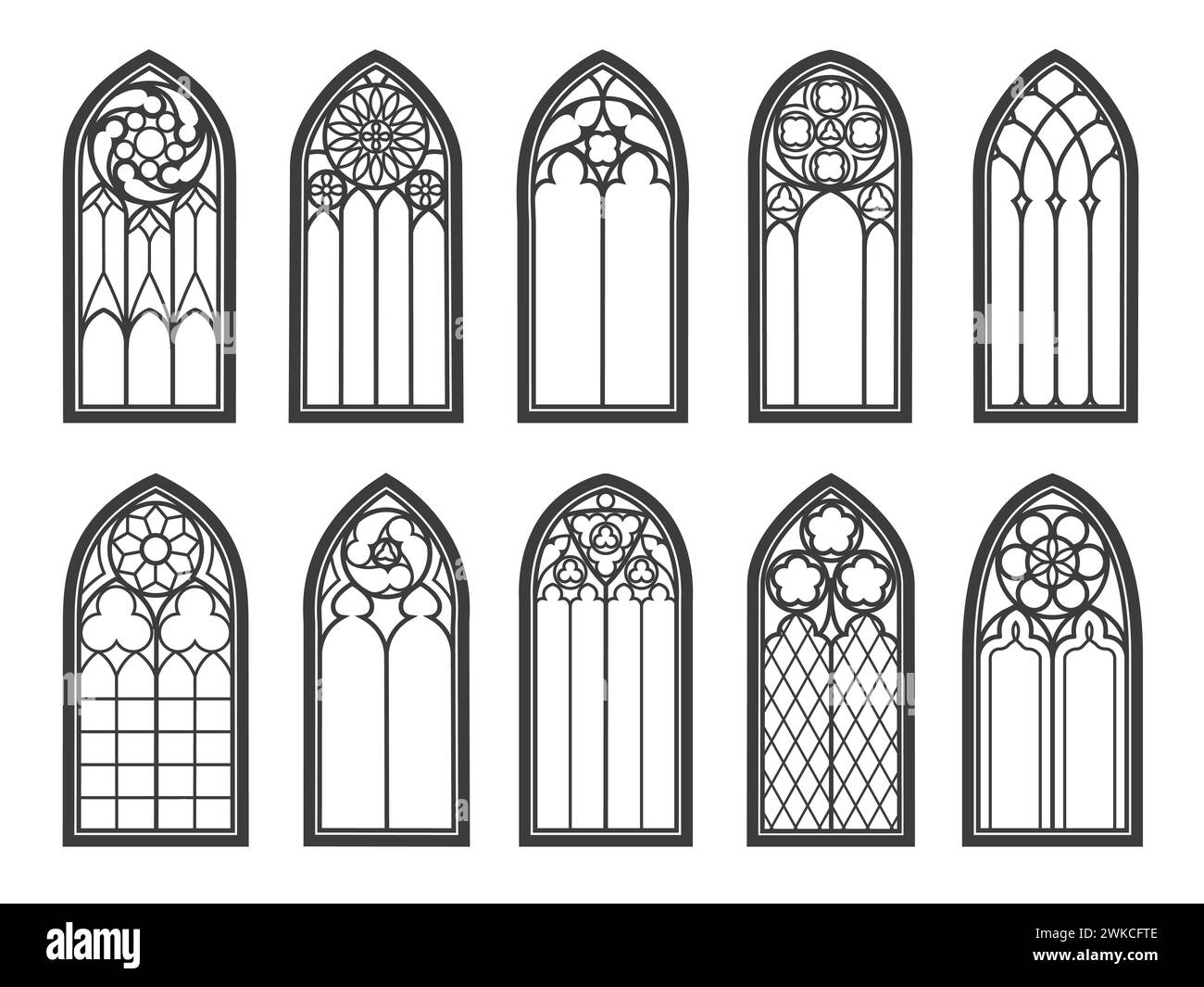Mittelalterliche gotische Kirchenfenster und Schlossbögen der Kathedrale, Vektorarchitektur. Alte gotische Fenster mit Buntglasmuster im Bogen oder antiken Tempel und Fenster der Renaissance-Kirche Stock Vektor