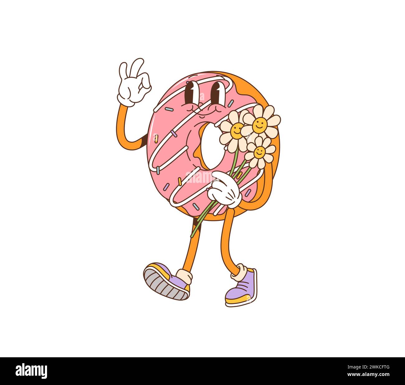 Cartoon Donut Retro groovige Figur hält fröhlich einen Blumenstrauß. Isoliertes Vektor-Donut-Gebäck mit rosafarbener Glasur, bunten Streuseln und Vintage-Flair, das eine nostalgische Atmosphäre der 70er Jahre verkörpert Stock Vektor