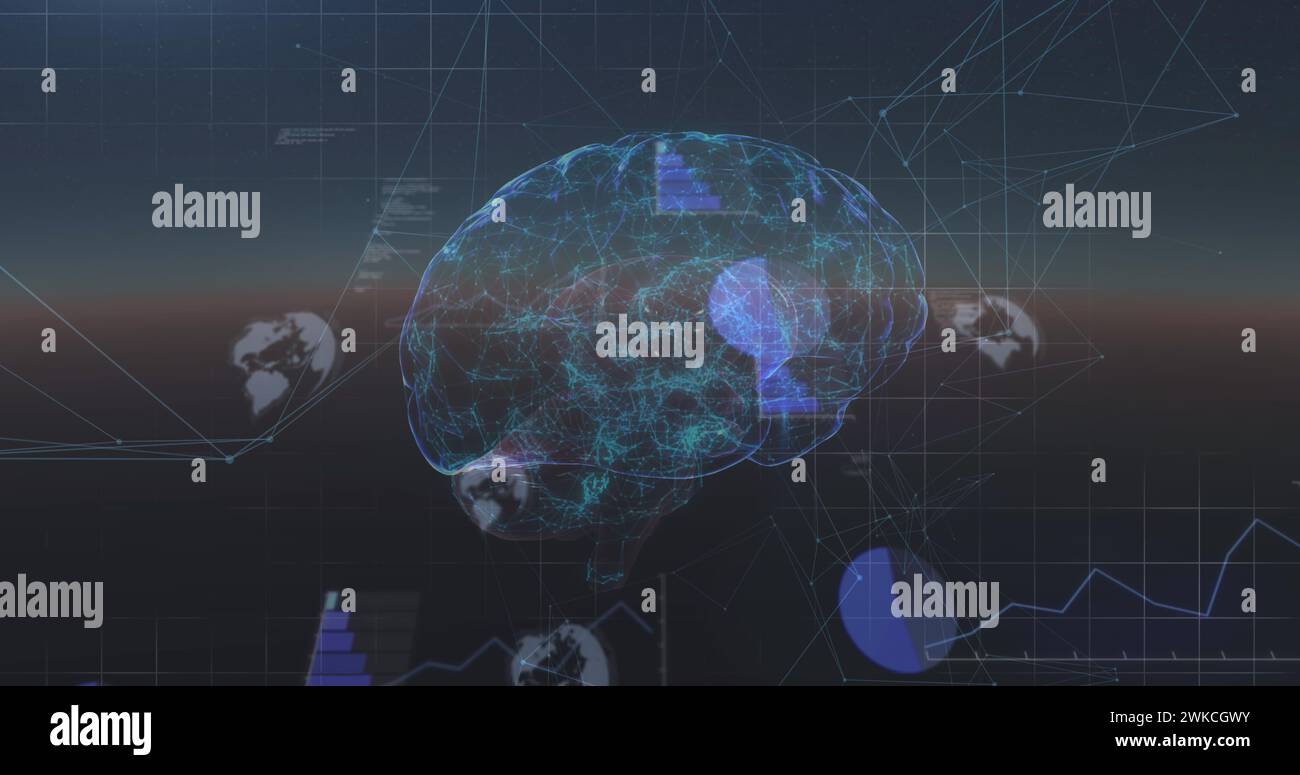 Bild des menschlichen Gehirns mit digitaler Schnittstellendatenverarbeitung Stockfoto