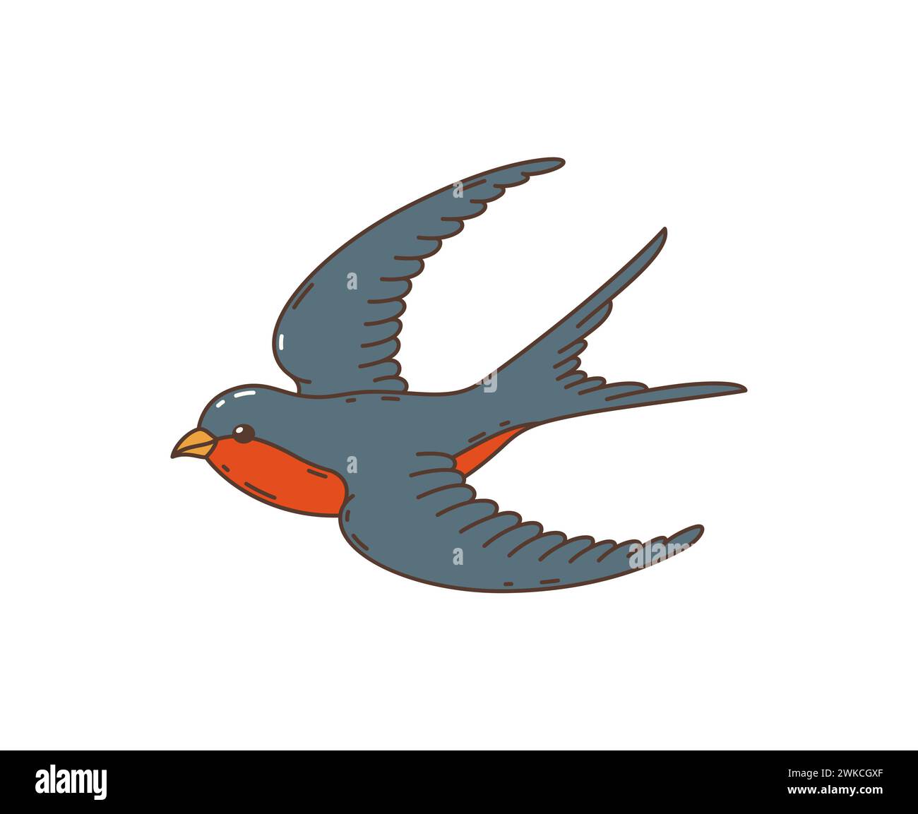 Cartoon-Retro-grooviger Hippie-Schwalbenvogel. Isoliertes Vektormartlet mit schwarzen und roten Federn, die mit ausgespreizten Flügeln fliegen. Nostalgisches Symbol für Frühling, Freiheit und Frieden, Groove, Hippie-Style Stock Vektor