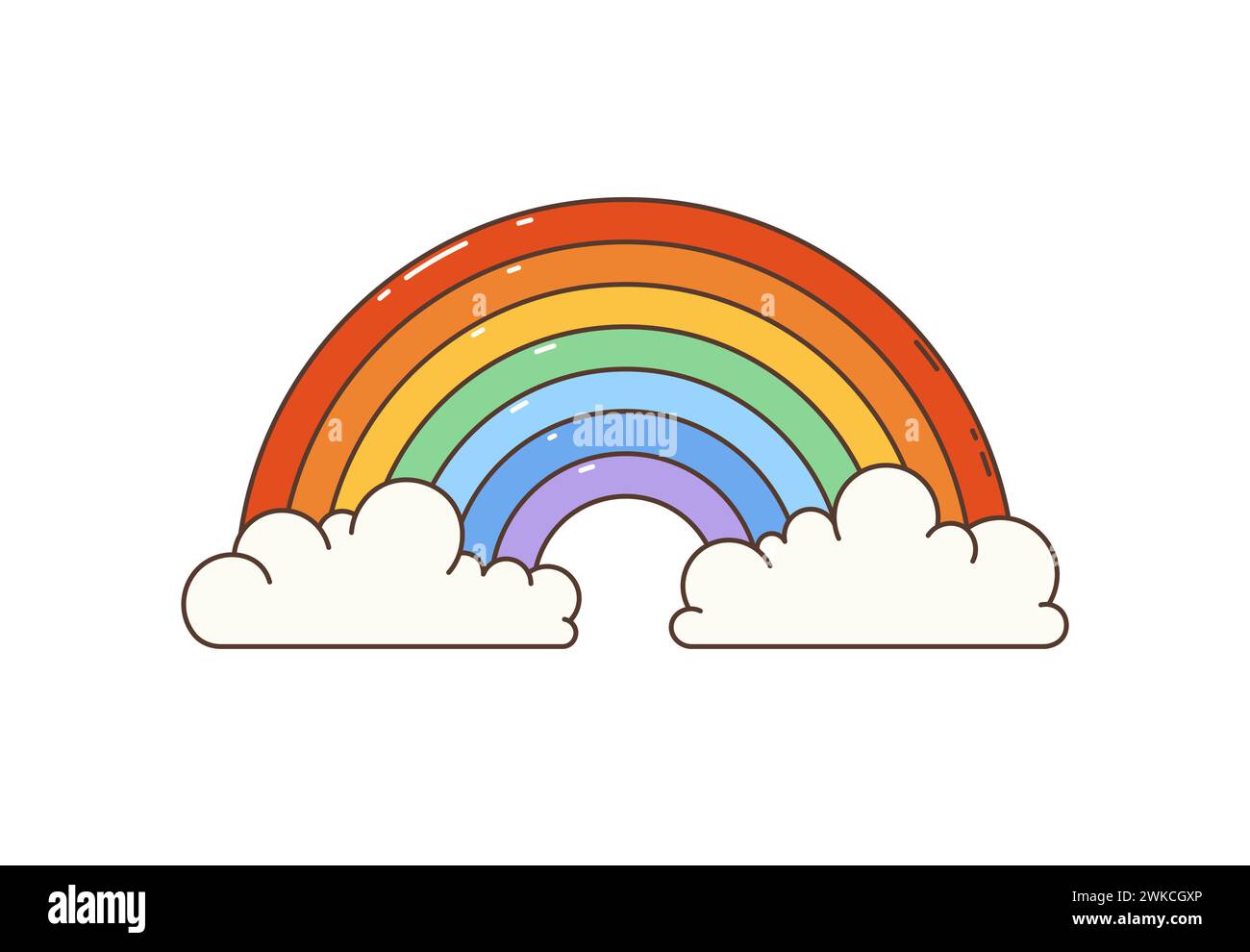 Grooviger Hippie-Regenbogen im Retro-Zeichentrick mit Wolken. Isolierter Vektor funky, lebendiger himmlischer Bogen in hellen psychedelischen Farben, der positive und magische Vibes der 1970er Jahre hervorruft Symbol der Freude und des Staunens Stock Vektor