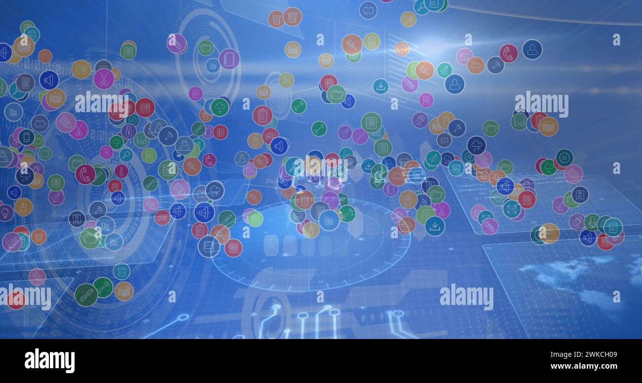 Bild des Scans von Oszilloskopen und der Symbole auf dem digitalen Bildschirm Stockfoto