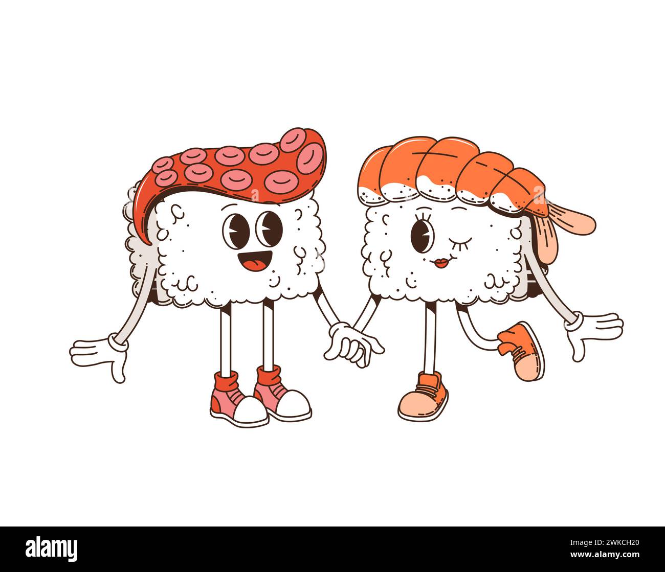 Cartoon Retro groovige Sushi-Charaktere, Paar oder Freunde, Vektor-Comic-Charaktere. Lustiges, grooviges Sushi-Paar hält an Händen in Hippie-Kunst der 60er oder 70er Jahre Retro-Groovie japanischen Essensfiguren Stock Vektor