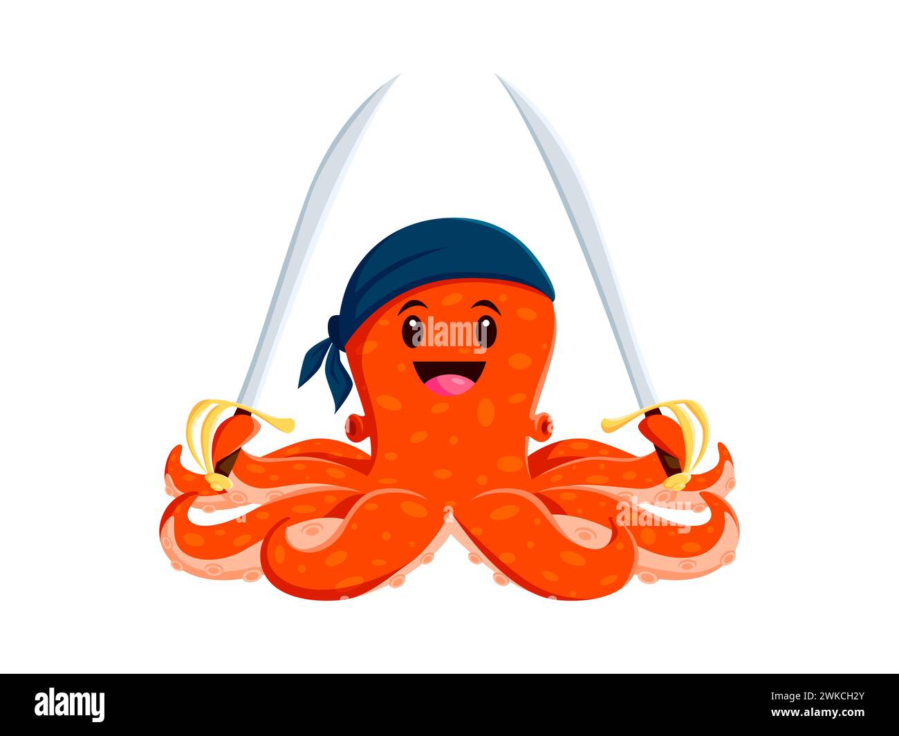 Zeichentrickfilm Piraten Kraken Tier Charakter. Die Korsair-Persönlichkeit der devilfish mit Säbeln in den Tentakeln trägt ein schelmisches Lächeln und ein Matrosenbandana, das für abenteuerliche Spiele bereit ist Stock Vektor