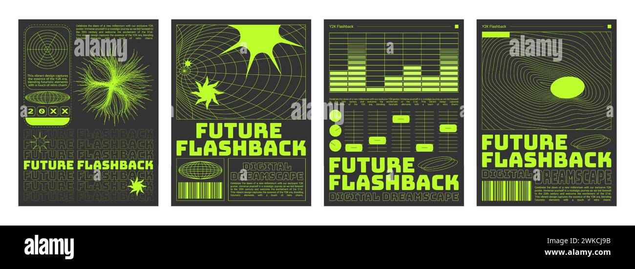 Set mit futuristischen Retro-Flyern. Vektor-realistische Illustration von y2k ästhetischen Plakaten mit gelbem Equalizer, Drahtdarstellung Landschaft, Farbsternen, Planet, Barcode Icons, Collage-Banner in Retrowave Stock Vektor