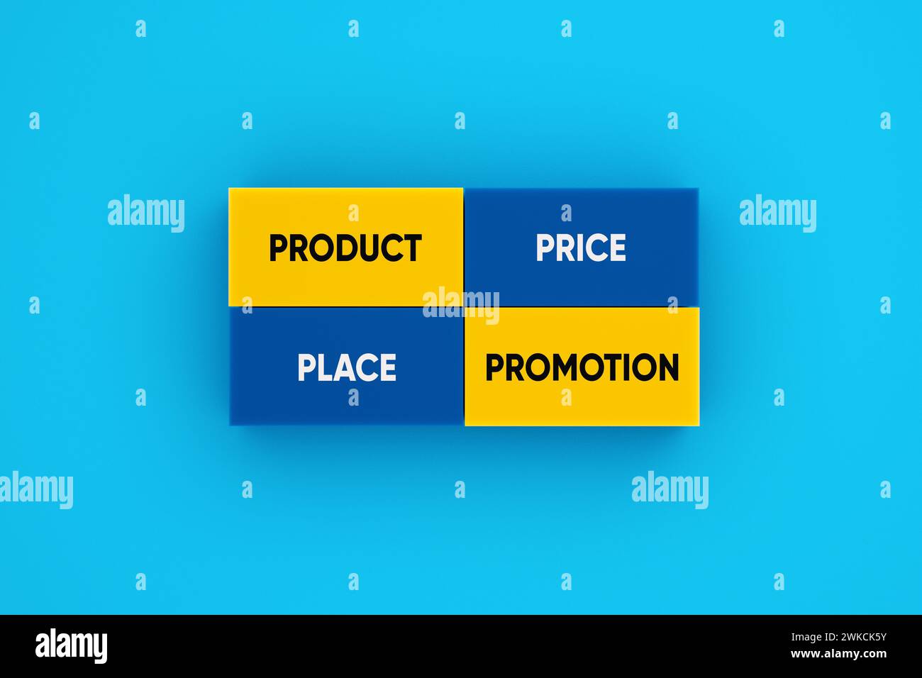 4P Marketing Mix Konzept. Wörter für Produkt, Ort, Preis und Werbeaktion auf bunten Blöcken. Stockfoto