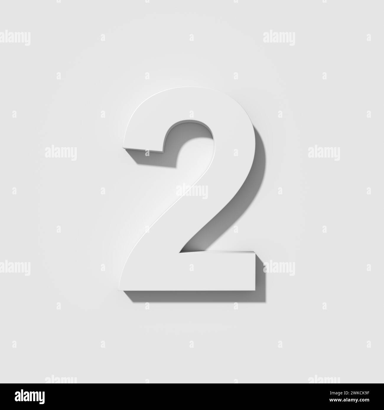 Weiße Nummer zwei 2 auf weißem Hintergrund. Draufsicht. 3D-Rendering. Stockfoto