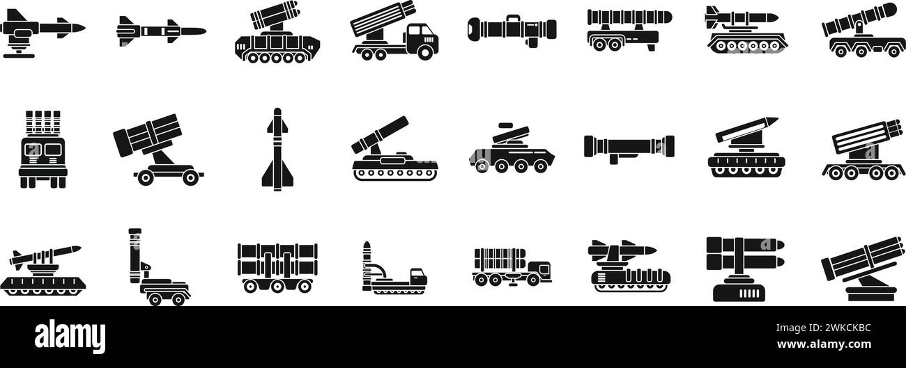 Die Symbole des Flugabwehrraketensystems setzen einen einfachen Vektor. Artilleriegewehr. Mörserfahrzeugkrieg Stock Vektor