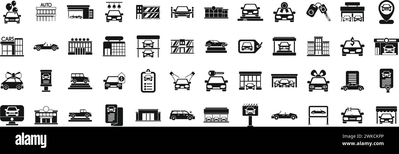Symbole im Ausstellungsraum des Fahrzeugs setzen einen einfachen Vektor. Autohändler bauen. Garage anzeigen Stock Vektor
