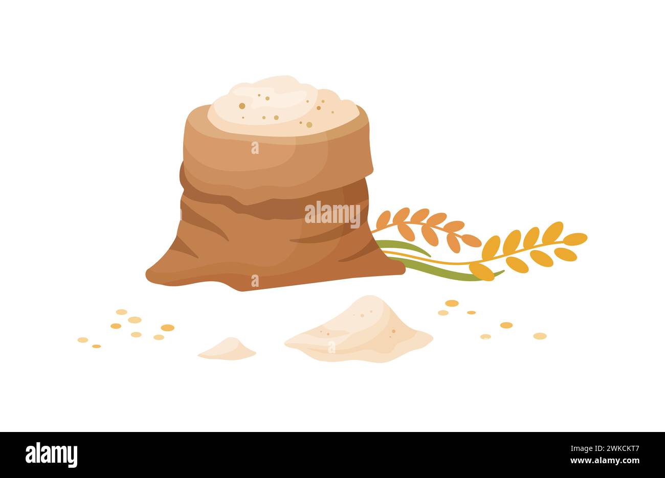 Weizenmehl in Sackleinen mit Holzlöffel. Sack mit Weizenmehl und Körnern. Mehlballen im Cartoon-Stil. Vektorillustration isoliert auf weißem Hintergrund. Stock Vektor